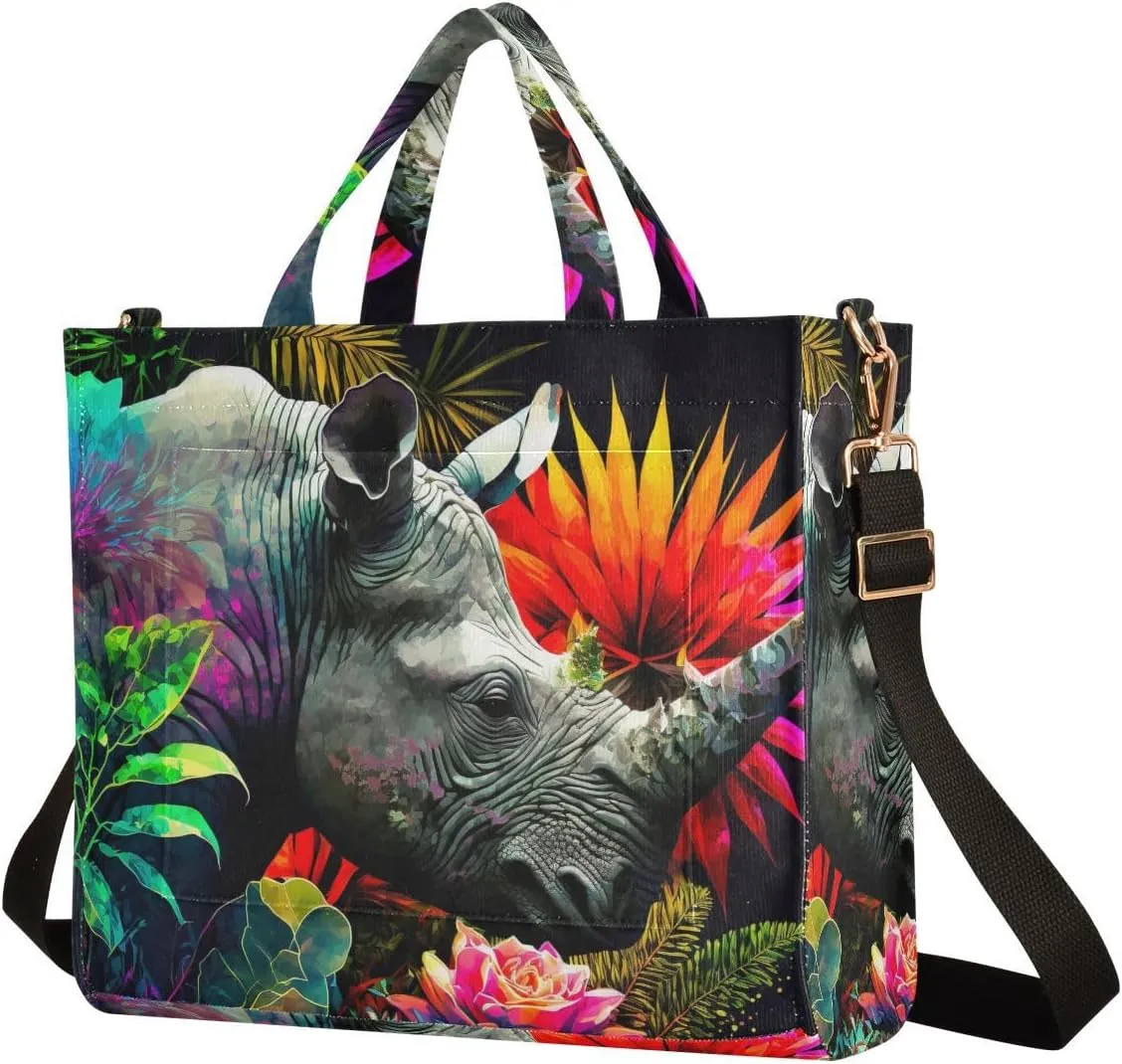 Women's Shoulder Handbags Rhinoceros Flowers Print, Corduroy Tote Bag Large Capacity Small Size