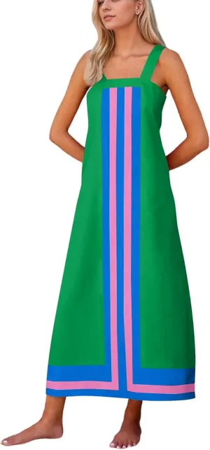 Womens Striped Maxi Dress Summer Boho Color Bock Square Neck Sleeveless Tank Shift Sundress Beach Overall Long Dress