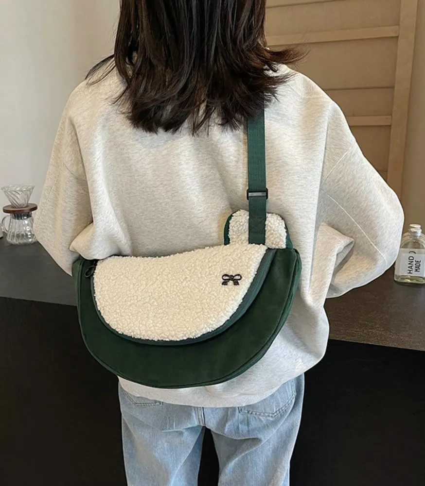 Womens Stylish Plush Dumpling Purse Large Crossbody Shoulder Bag Adjustable Strap Cute Furry Tote Handbags