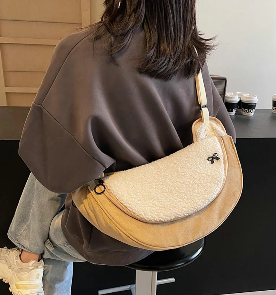 Womens Stylish Plush Dumpling Purse Large Crossbody Shoulder Bag Adjustable Strap Cute Furry Tote Handbags