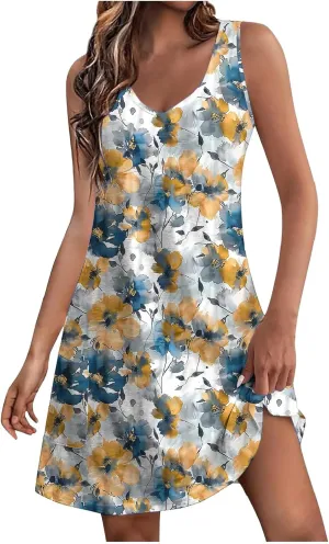 Womens Summer Dresses 2025 Trendy Casual Sleeveless Sundresses Beach Vacation Boho Floral Coverup Flowy Tank Dress