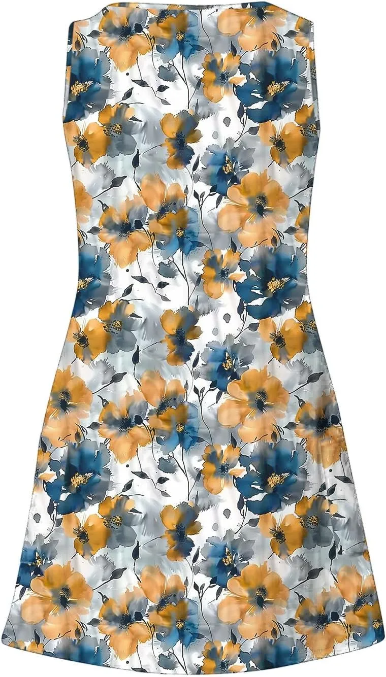 Womens Summer Dresses 2025 Trendy Casual Sleeveless Sundresses Beach Vacation Boho Floral Coverup Flowy Tank Dress