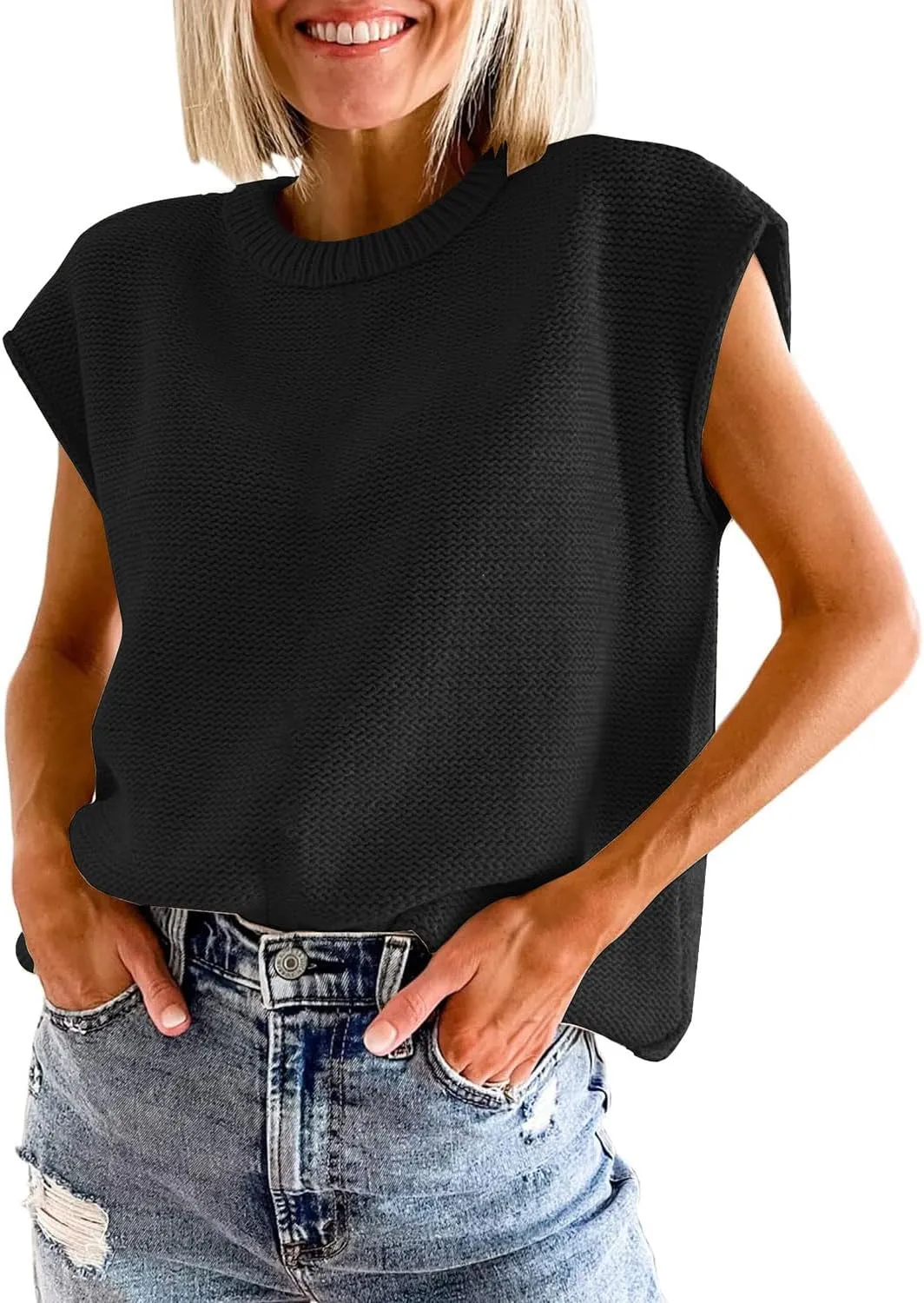 Womens Summer Sweater Vest Cap Sleeve Crew Neck Casual Loose Fit Knit Lightweight Pullover Tank Top for Spring Summer