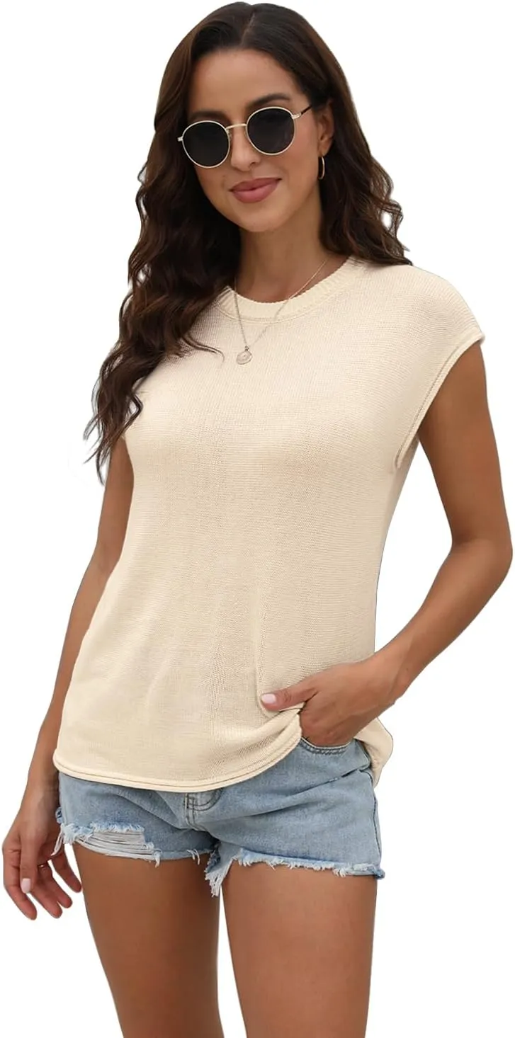 Womens Summer Sweater Vest Cap Sleeve Crew Neck Casual Loose Fit Knit Lightweight Pullover Tank Top for Spring Summer