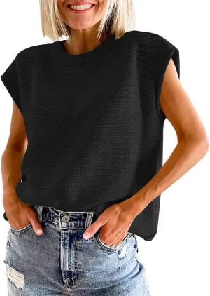 Womens Summer Sweater Vest Cap Sleeve Crew Neck Casual Loose Fit Knit Lightweight Pullover Tank Top for Spring Summer