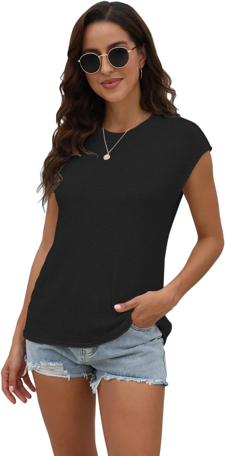 Womens Summer Sweater Vest Cap Sleeve Crew Neck Casual Loose Fit Knit Lightweight Pullover Tank Top for Spring Summer