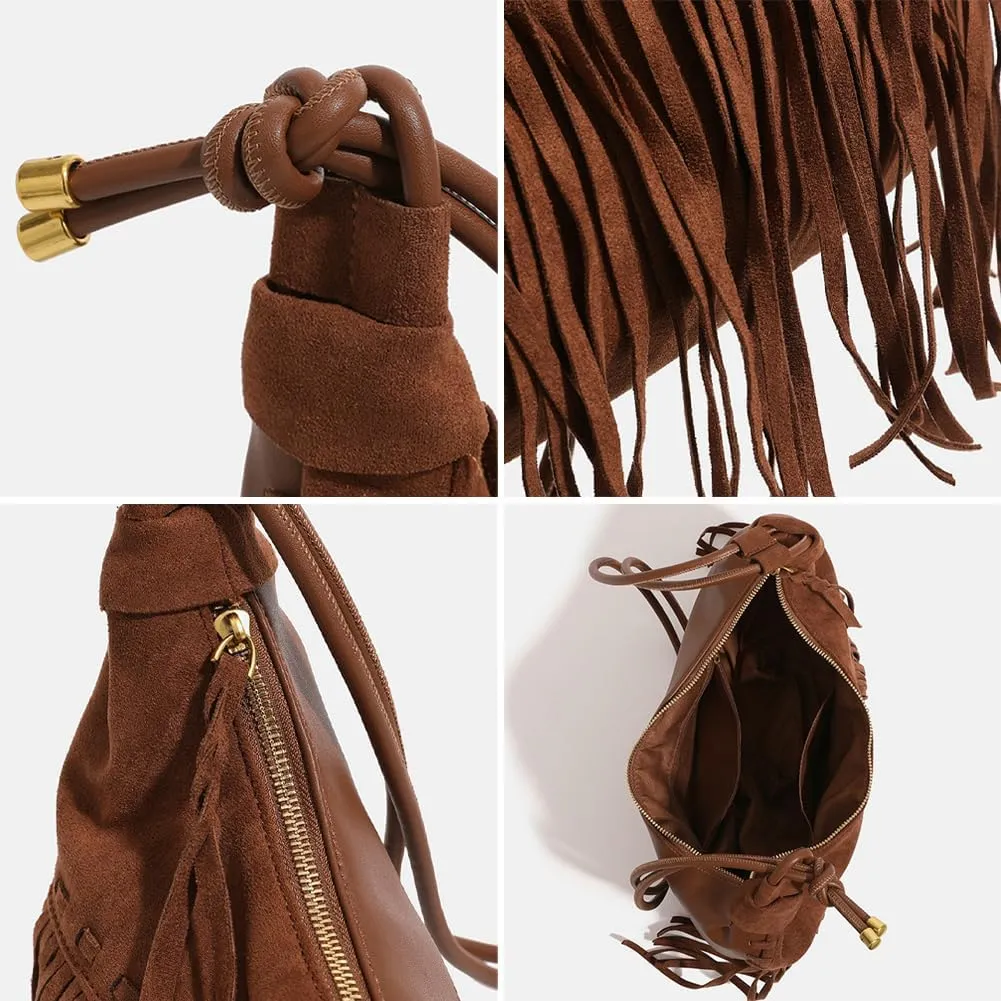 Womens Vegan Leather Crossbody Shoulder Bag Fringe Dumpling Handbags Bohemia Large Tassel Tote Satchel