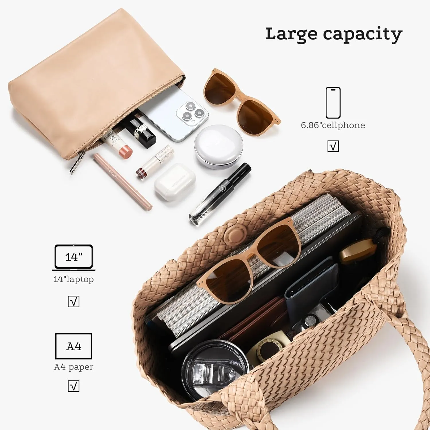 Woven tote Bag for Women, Large woven handbag Shoulder Bag Soft Vegan Leather with Inner Zipper Pouch