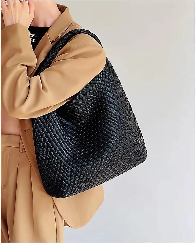 Woven Tote Bag for Women Soft Leather Tote Handbags Fashion Woven Shoulder Bag for Women Daily，Shopping
