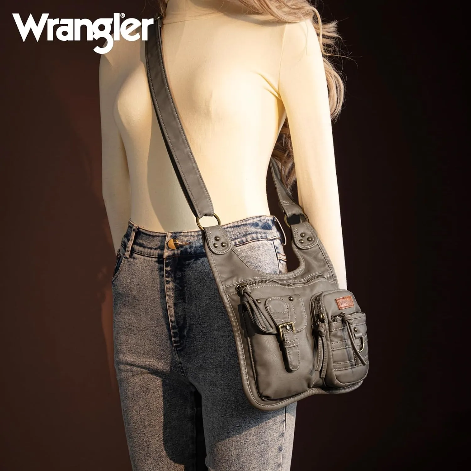 Wrangler Crossbody Bag for Women Small Soft Washed Leather Multi Pocket Shoulder Purses