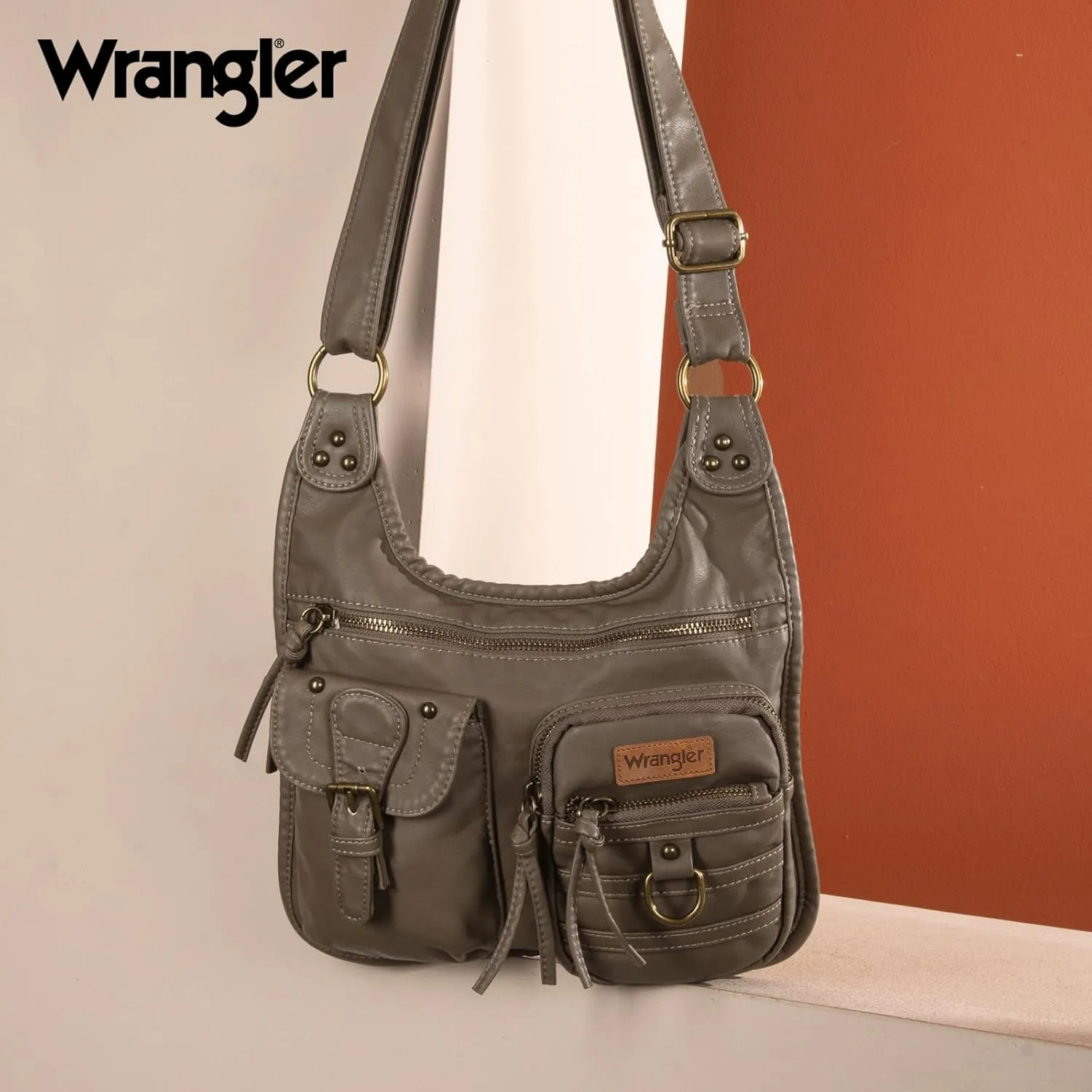 Wrangler Crossbody Bag for Women Small Soft Washed Leather Multi Pocket Shoulder Purses