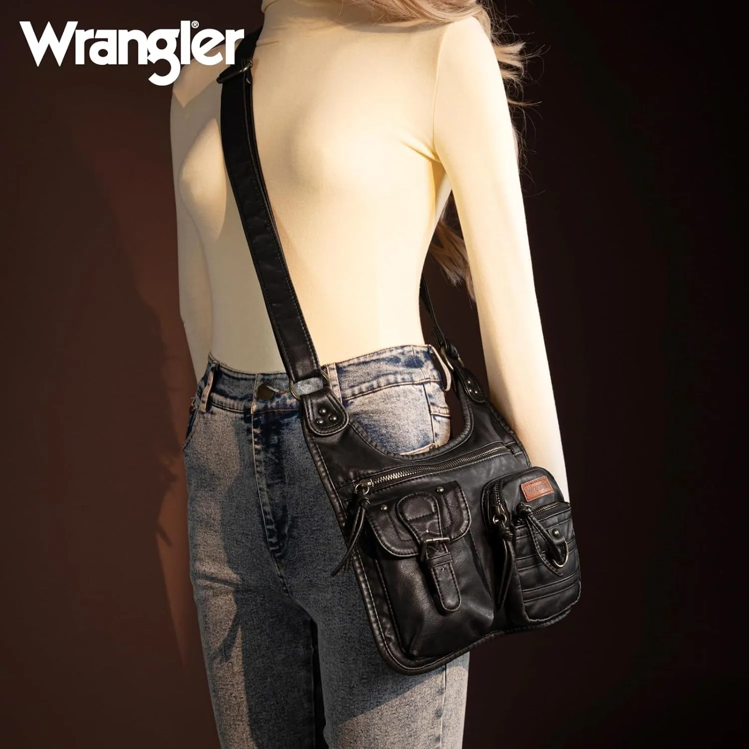 Wrangler Crossbody Bag for Women Small Soft Washed Leather Multi Pocket Shoulder Purses