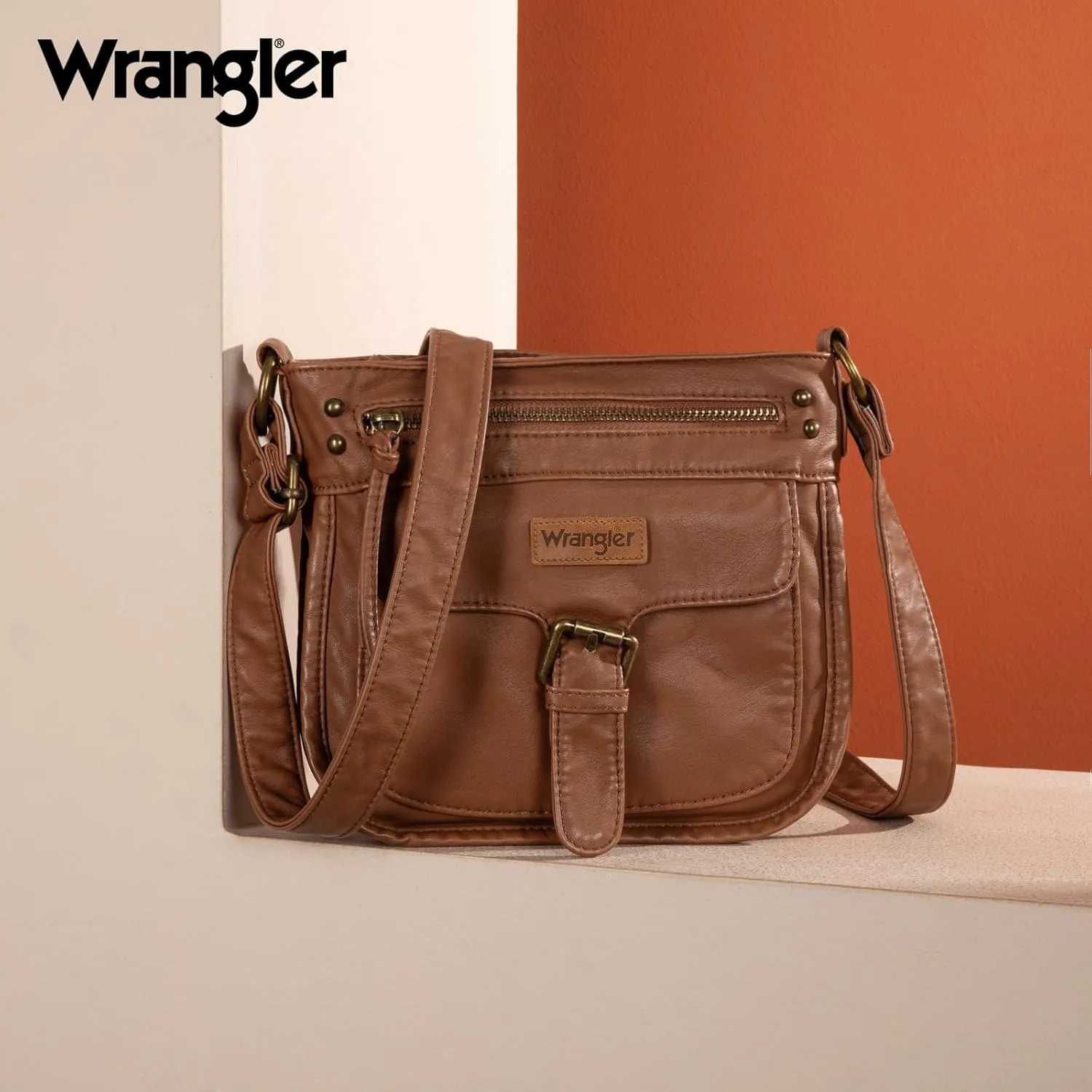 Wrangler Crossbody Bag for Women Small Soft Washed Leather Multi Pocket Shoulder Purses