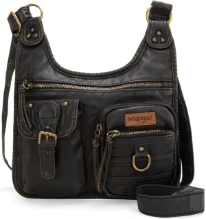 Wrangler Crossbody Bag for Women Small Soft Washed Leather Multi Pocket Shoulder Purses