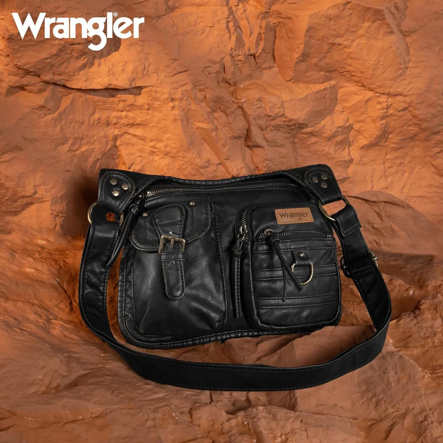 Wrangler Crossbody Bag for Women Small Soft Washed Leather Multi Pocket Shoulder Purses