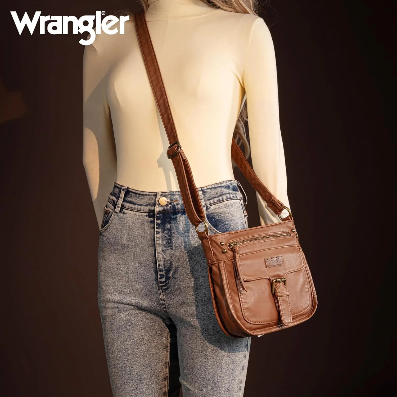 Wrangler Crossbody Bag for Women Small Soft Washed Leather Multi Pocket Shoulder Purses
