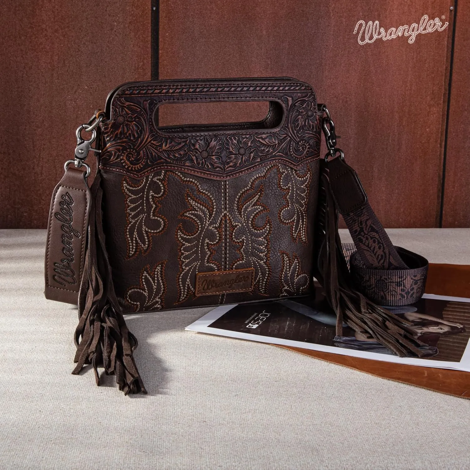 Wrangler Top Handle Handbags Western Fringe Crossbody Bag for Women Embroidered Boot Scroll Ladies Handbag