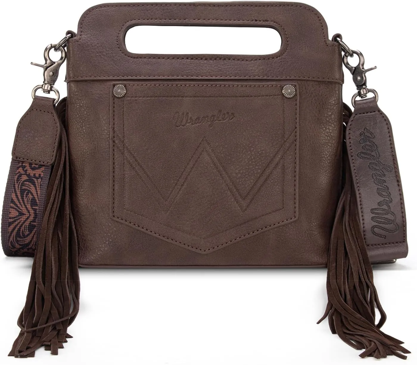 Wrangler Top Handle Handbags Western Fringe Crossbody Bag for Women Embroidered Boot Scroll Ladies Handbag