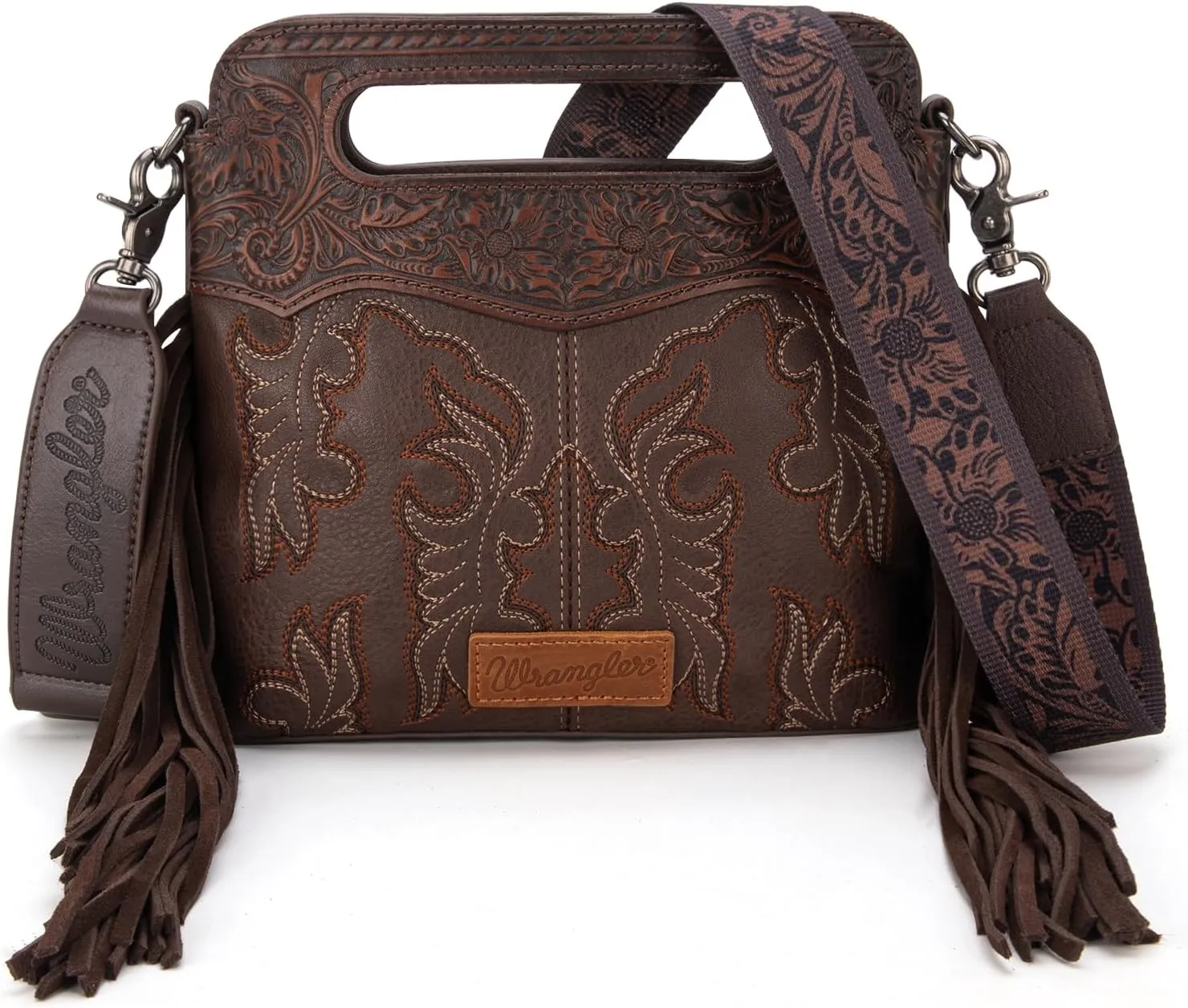 Wrangler Top Handle Handbags Western Fringe Crossbody Bag for Women Embroidered Boot Scroll Ladies Handbag