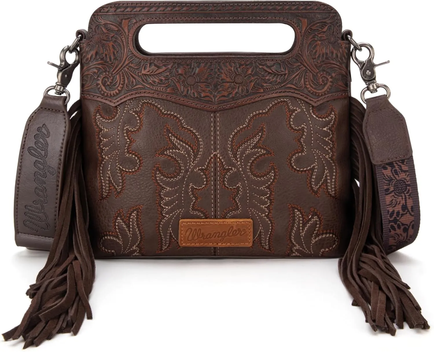 Wrangler Top Handle Handbags Western Fringe Crossbody Bag for Women Embroidered Boot Scroll Ladies Handbag