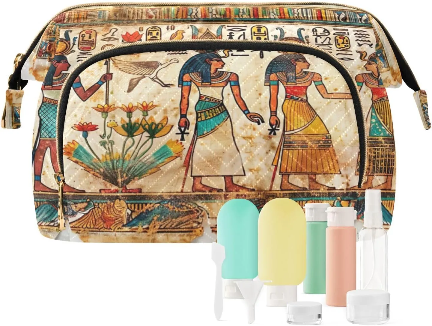 xigua Egyptian Figures Makeup Bag Wide Open Travel Cosmetic Bag,with Nine Separate Bottles Travel Zipper Pouch Organizer Bag