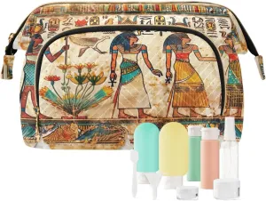 xigua Egyptian Figures Makeup Bag Wide Open Travel Cosmetic Bag,with Nine Separate Bottles Travel Zipper Pouch Organizer Bag