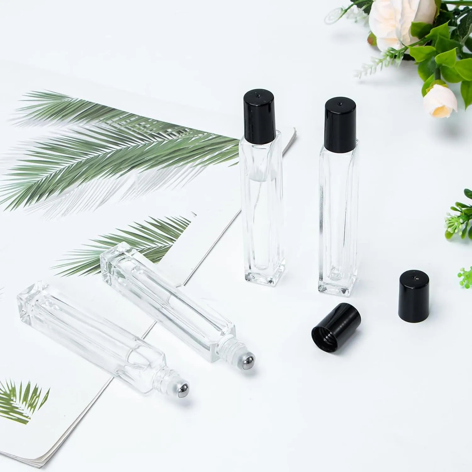 Yebeauty 12 Pack Clear Portable Sample Essential Oil Roller Massage 0.33oz Roller Ball Applicator With Black Lids Small Clear Rollerball Bottle Lip Balms Container for Relaxation