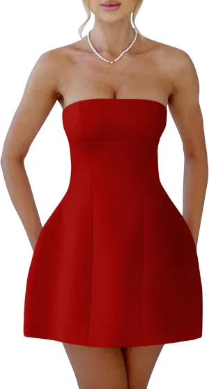 YMDUCH Womens Sexy Strapless Tube A-line Mini Dress Club Party Short Prom Dress