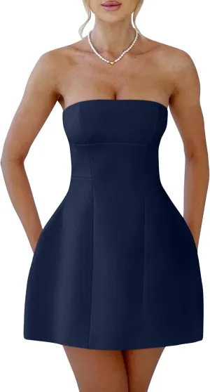 YMDUCH Womens Sexy Strapless Tube A-line Mini Dress Club Party Short Prom Dress