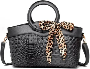 Yohora Women's Handbags Desinger Shoulder Purse Crocodile Pattern Crossbody Bag Leather Tote Purse with Leopard Scarf