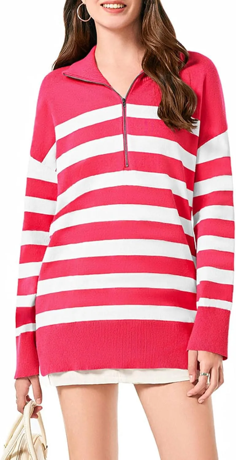 Yousify Women’s Casual Long Sleeve Half Zip Striped Pullover Sweaters V Neck Color Block Ribbed Knit Loose Jumper Tops