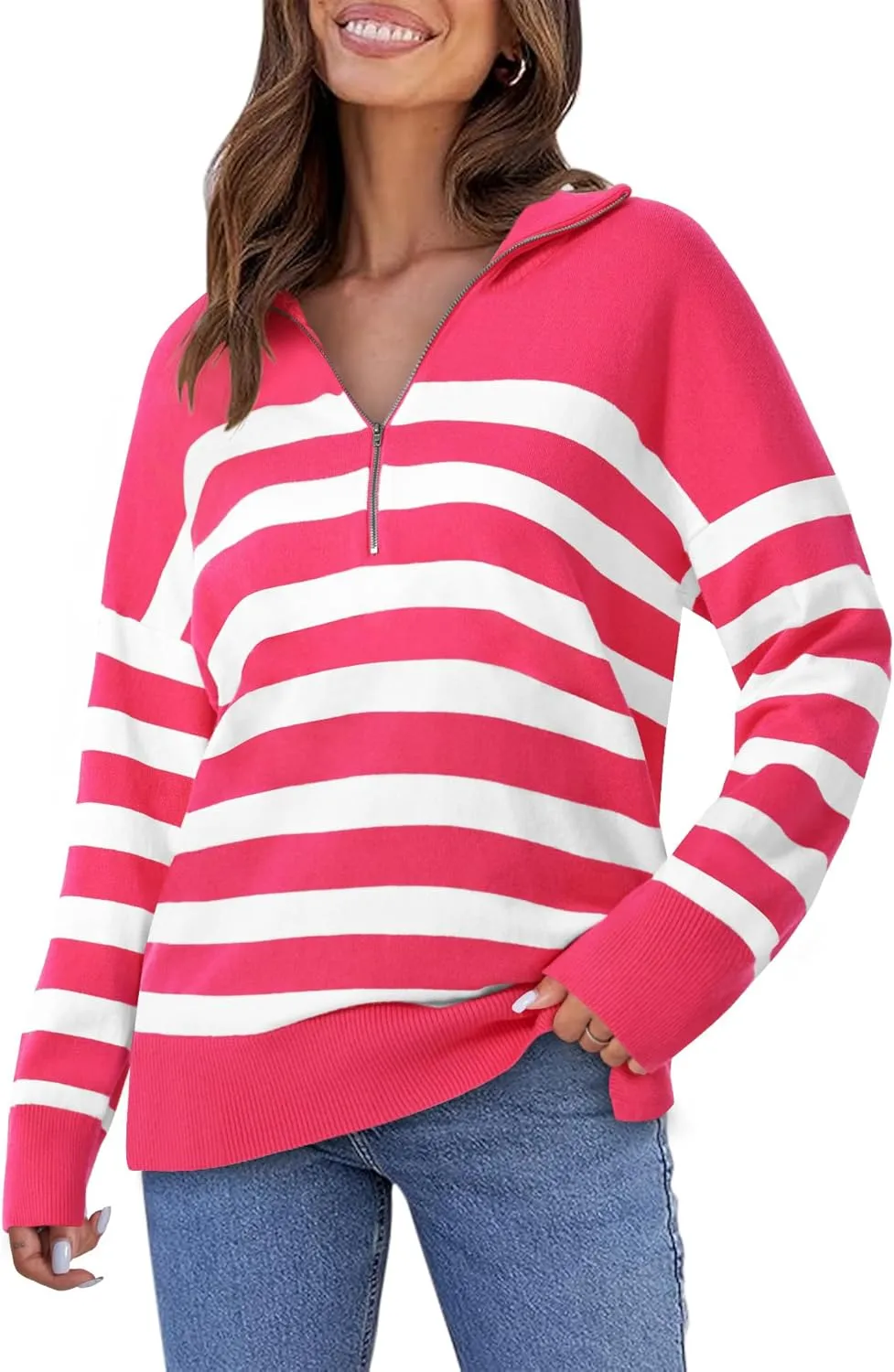 Yousify Women’s Casual Long Sleeve Half Zip Striped Pullover Sweaters V Neck Color Block Ribbed Knit Loose Jumper Tops