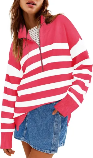 Yousify Women’s Casual Long Sleeve Half Zip Striped Pullover Sweaters V Neck Color Block Ribbed Knit Loose Jumper Tops