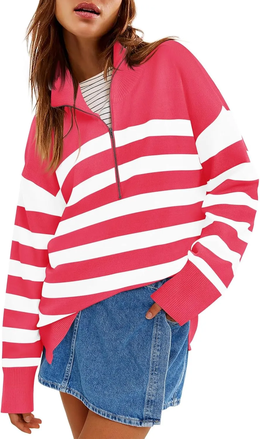 Yousify Women’s Casual Long Sleeve Half Zip Striped Pullover Sweaters V Neck Color Block Ribbed Knit Loose Jumper Tops