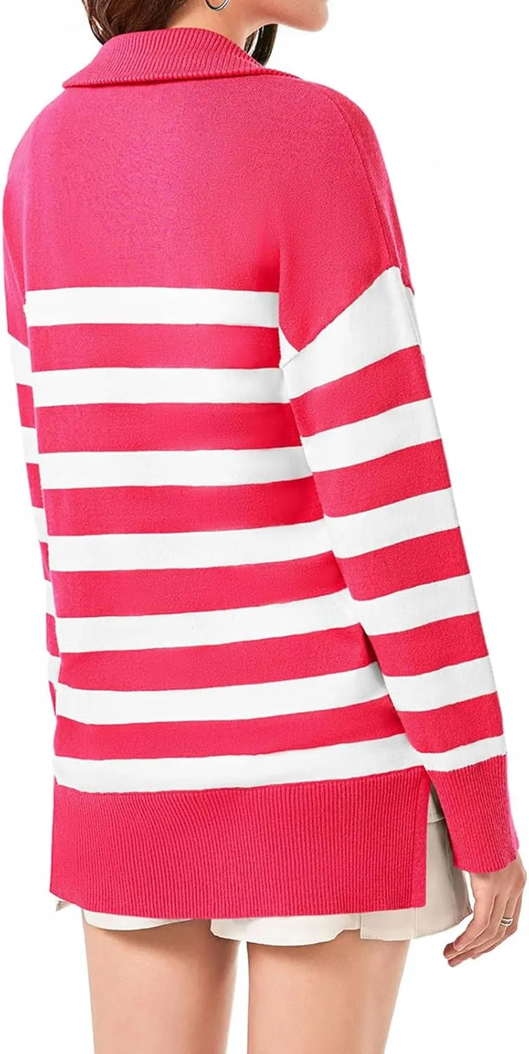 Yousify Women’s Casual Long Sleeve Half Zip Striped Pullover Sweaters V Neck Color Block Ribbed Knit Loose Jumper Tops