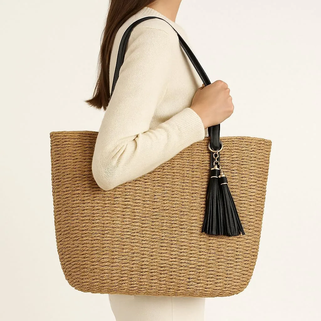 YXILEE Straw Bags For Women | M Size Travel Straw Totes Bag Woven Summer Handmade Shoulder Bag Handbag