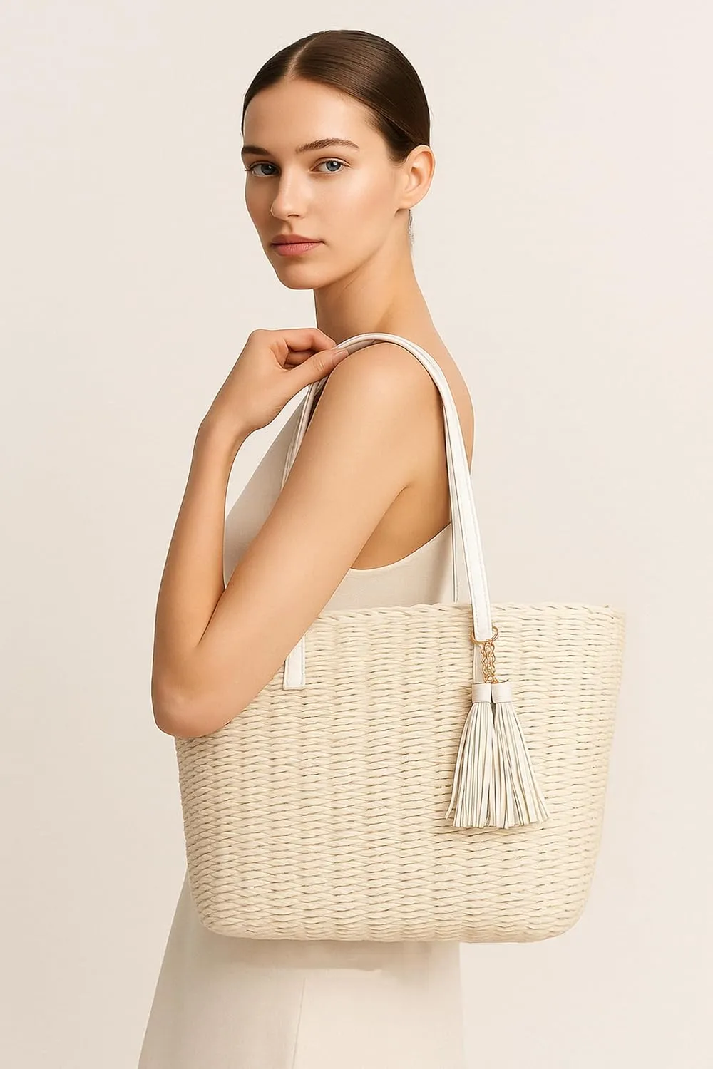 YXILEE Straw Bags For Women | M Size Travel Straw Totes Bag Woven Summer Handmade Shoulder Bag Handbag