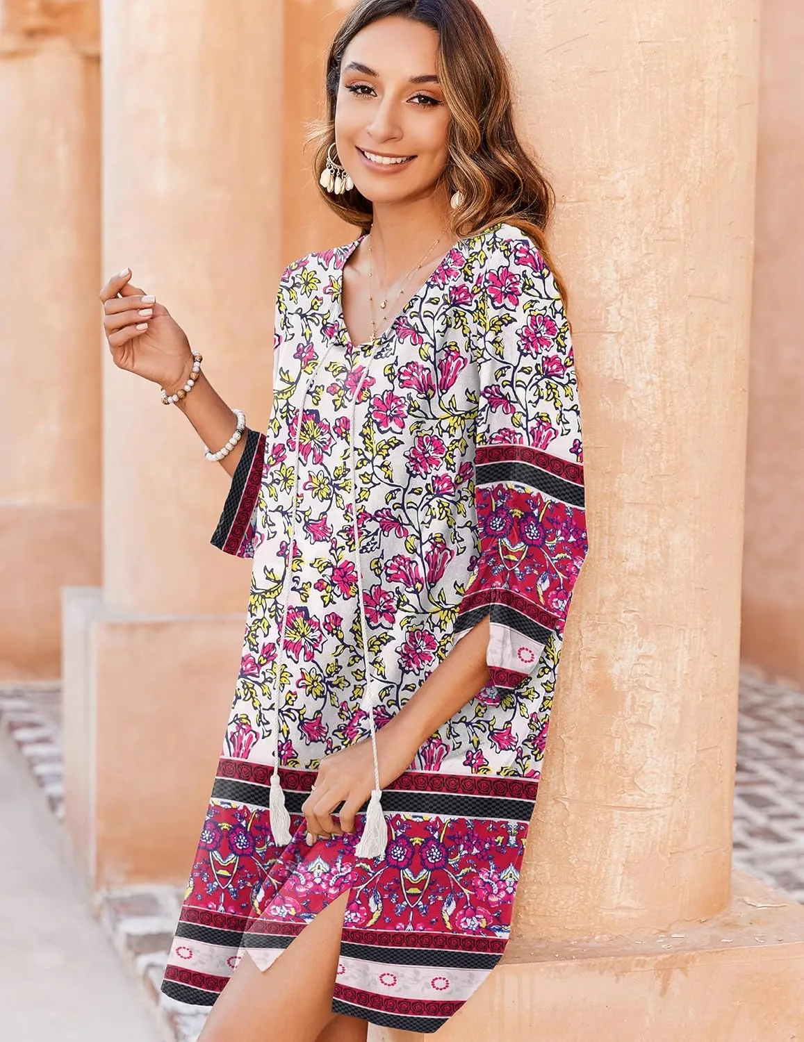 Zeagoo Womens Boho Dresses Casual Beach Summer Dress Tassel Tie Neck 3/4 Long Sleeve Mini Sundress 2025 Floral Print Cover Up