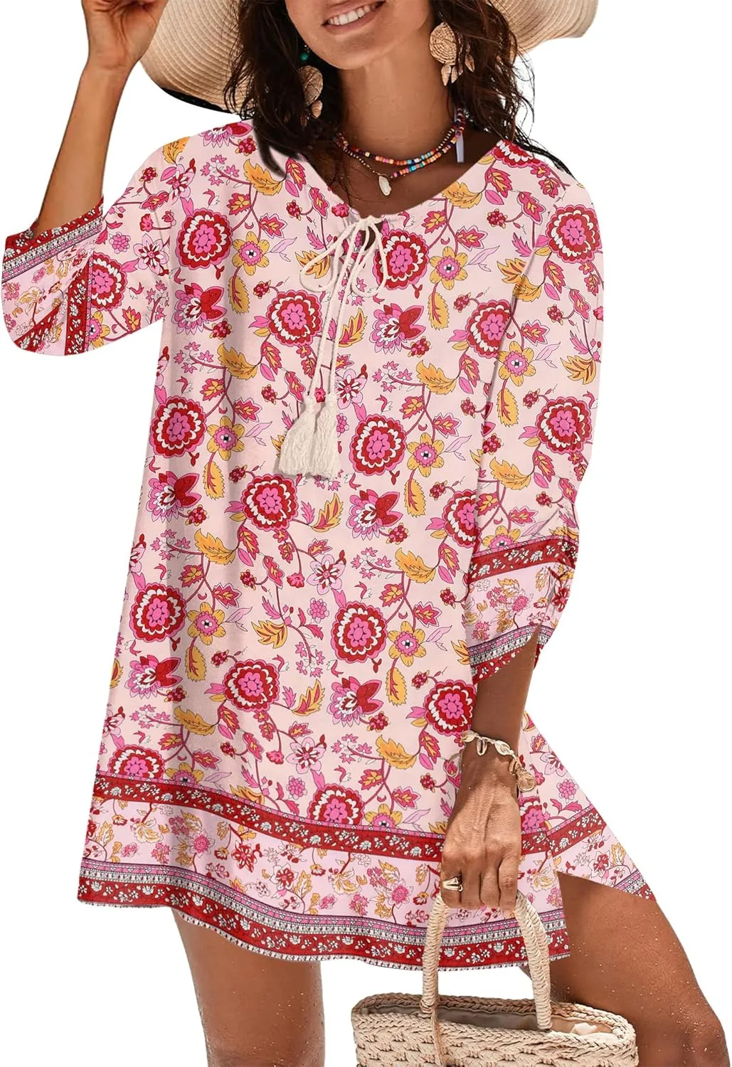 Zeagoo Womens Boho Dresses Casual Beach Summer Dress Tassel Tie Neck 3/4 Long Sleeve Mini Sundress 2025 Floral Print Cover Up