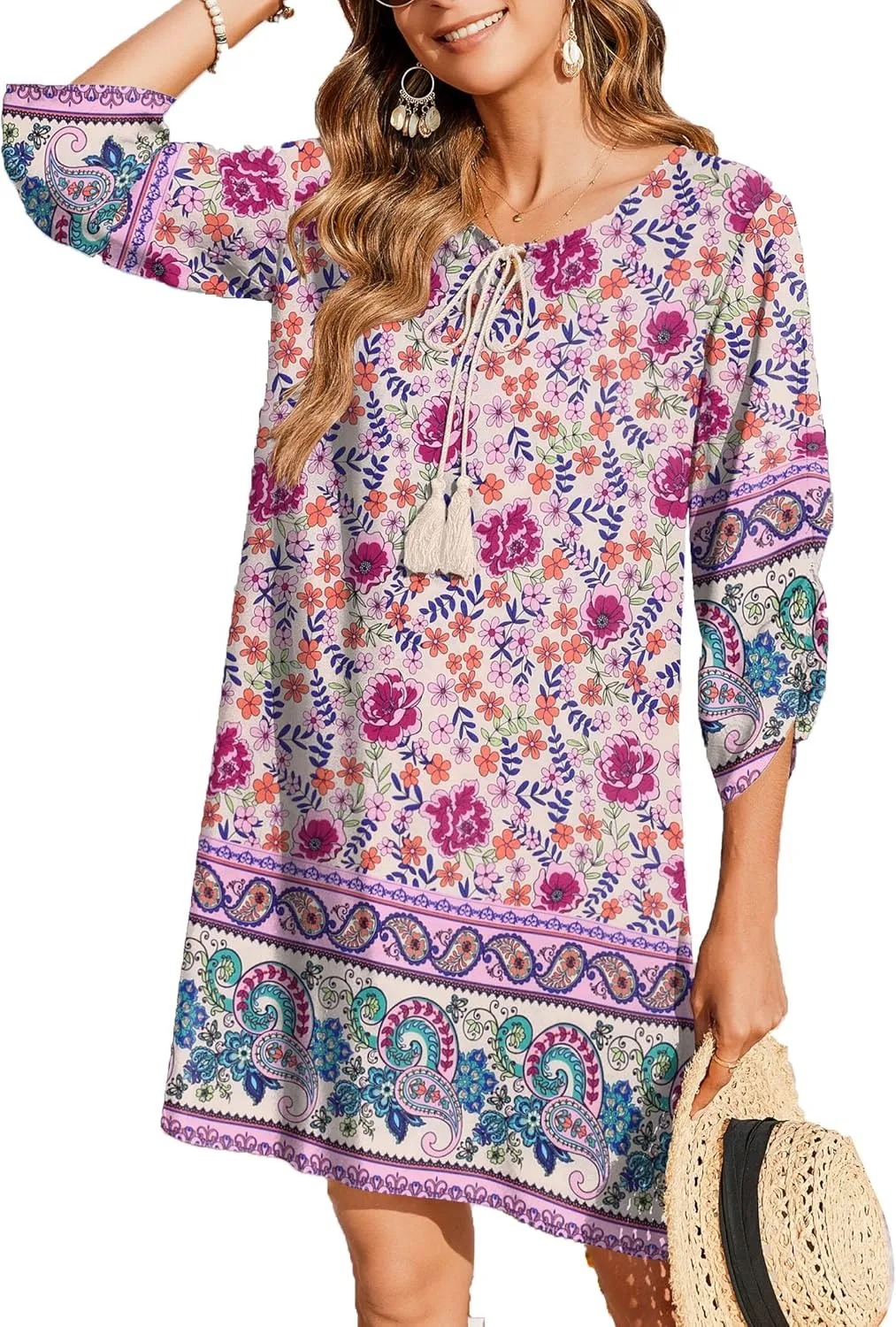 Zeagoo Womens Boho Dresses Casual Beach Summer Dress Tassel Tie Neck 3/4 Long Sleeve Mini Sundress 2025 Floral Print Cover Up