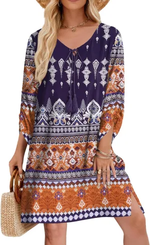 Zeagoo Womens Boho Dresses Casual Beach Summer Dress Tassel Tie Neck 3/4 Long Sleeve Mini Sundress 2025 Floral Print Cover Up