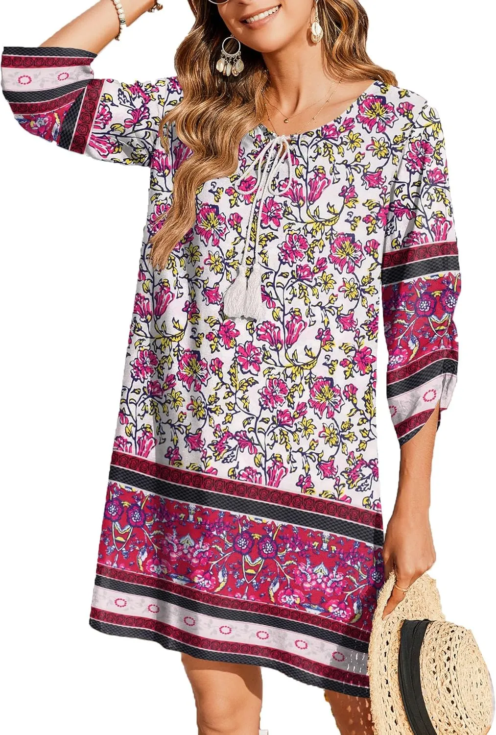 Zeagoo Womens Boho Dresses Casual Beach Summer Dress Tassel Tie Neck 3/4 Long Sleeve Mini Sundress 2025 Floral Print Cover Up