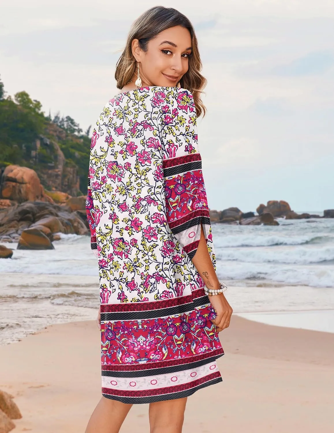 Zeagoo Womens Boho Dresses Casual Beach Summer Dress Tassel Tie Neck 3/4 Long Sleeve Mini Sundress 2025 Floral Print Cover Up