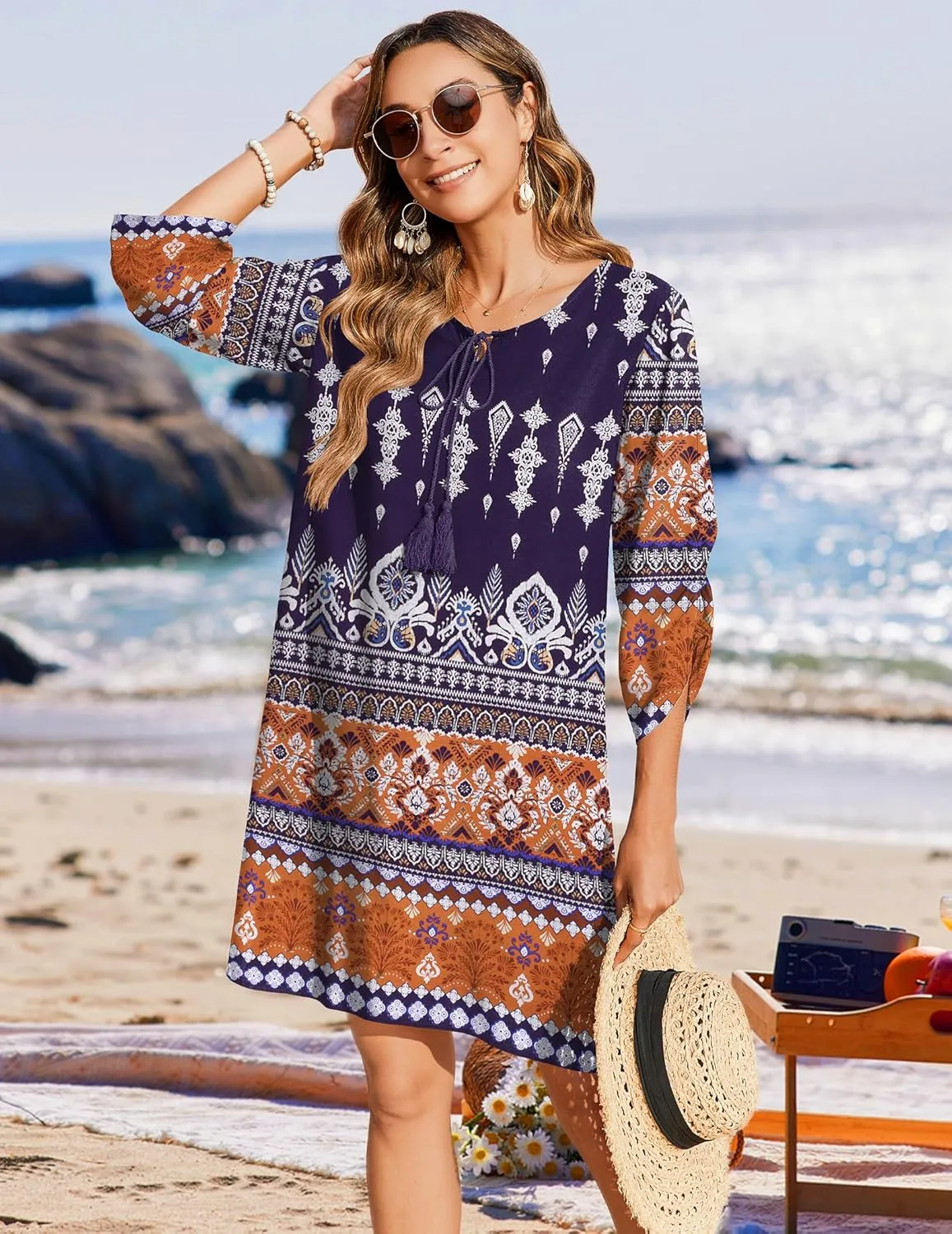 Zeagoo Womens Boho Dresses Casual Beach Summer Dress Tassel Tie Neck 3/4 Long Sleeve Mini Sundress 2025 Floral Print Cover Up
