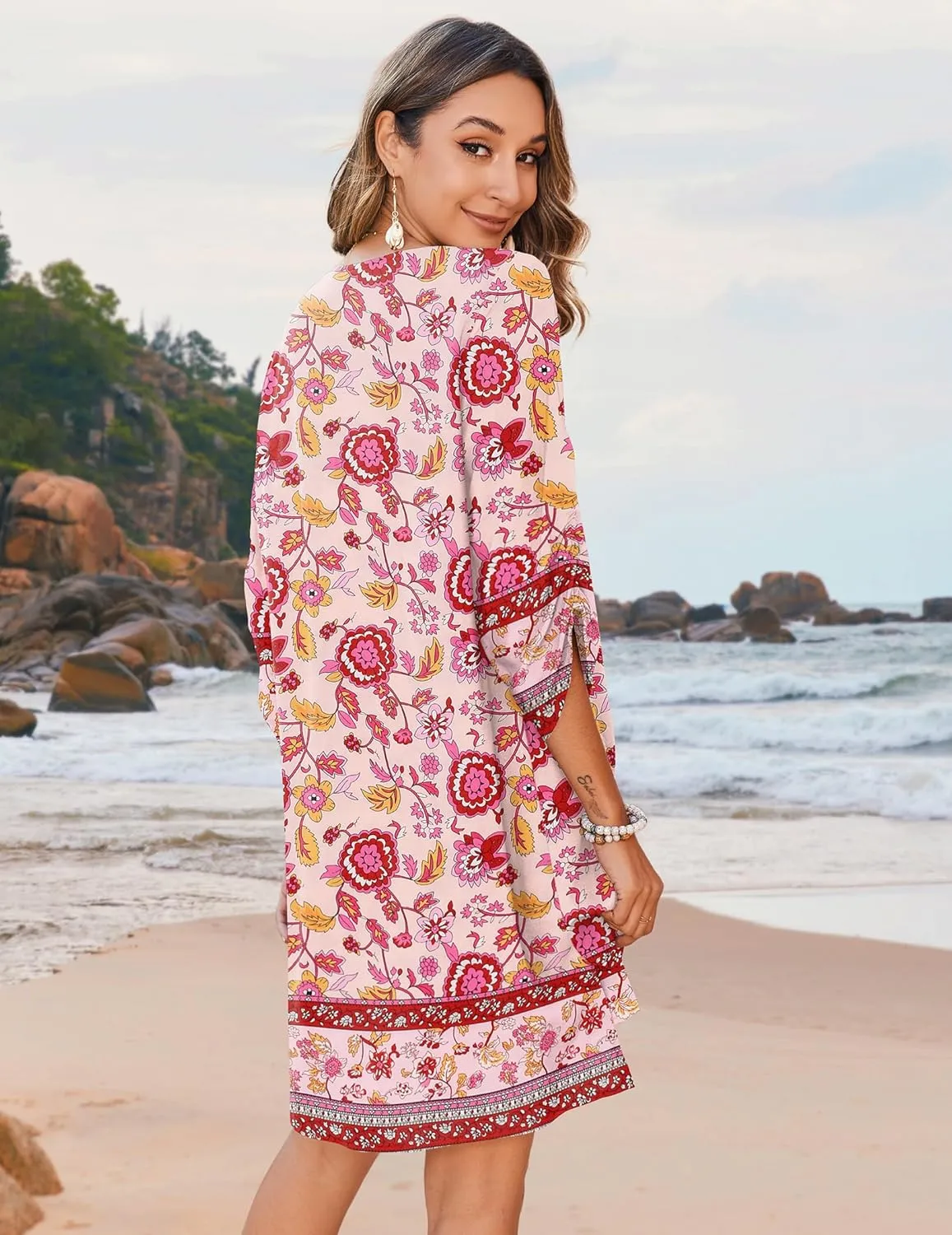Zeagoo Womens Boho Dresses Casual Beach Summer Dress Tassel Tie Neck 3/4 Long Sleeve Mini Sundress 2025 Floral Print Cover Up