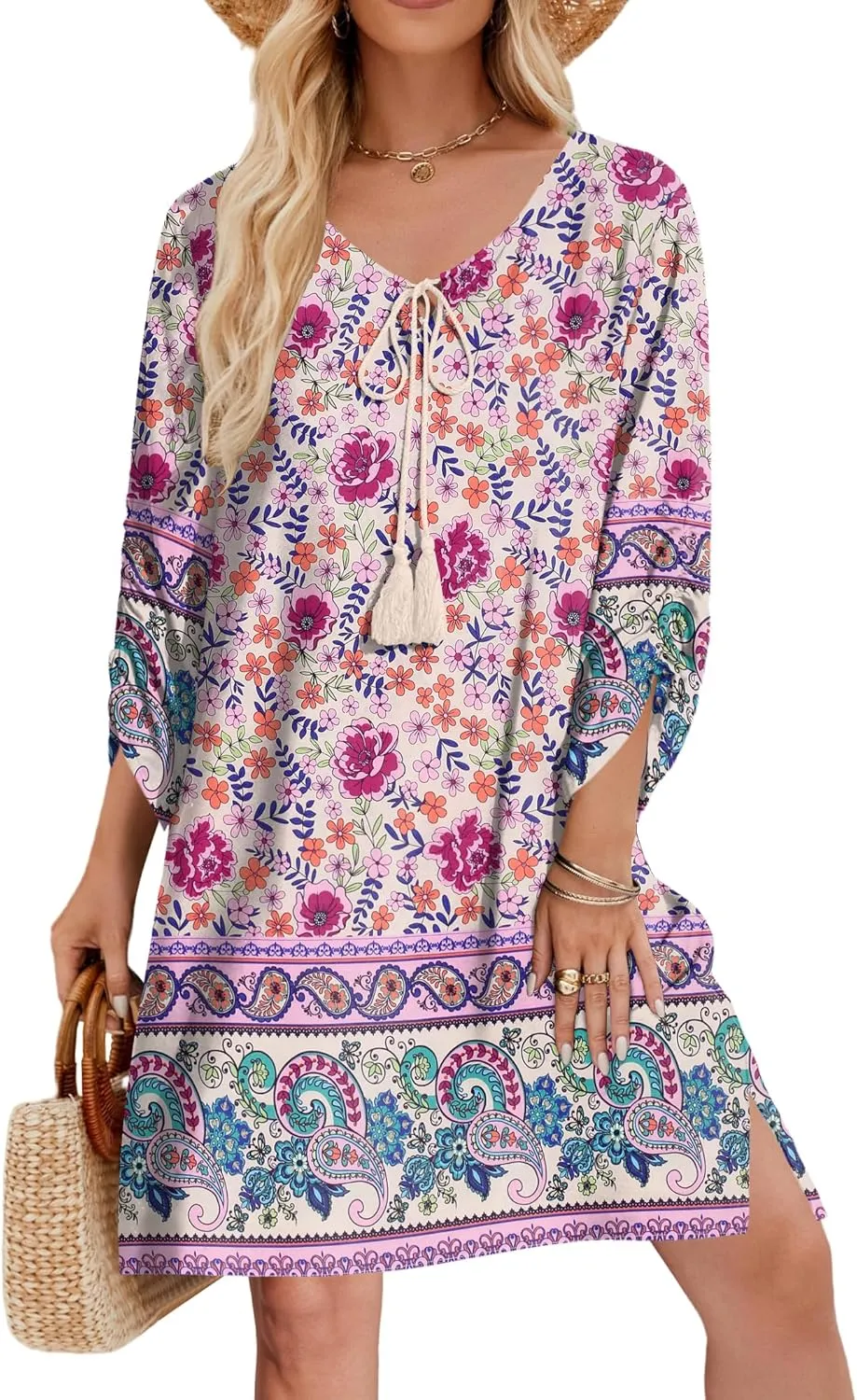 Zeagoo Womens Boho Dresses Casual Beach Summer Dress Tassel Tie Neck 3/4 Long Sleeve Mini Sundress 2025 Floral Print Cover Up
