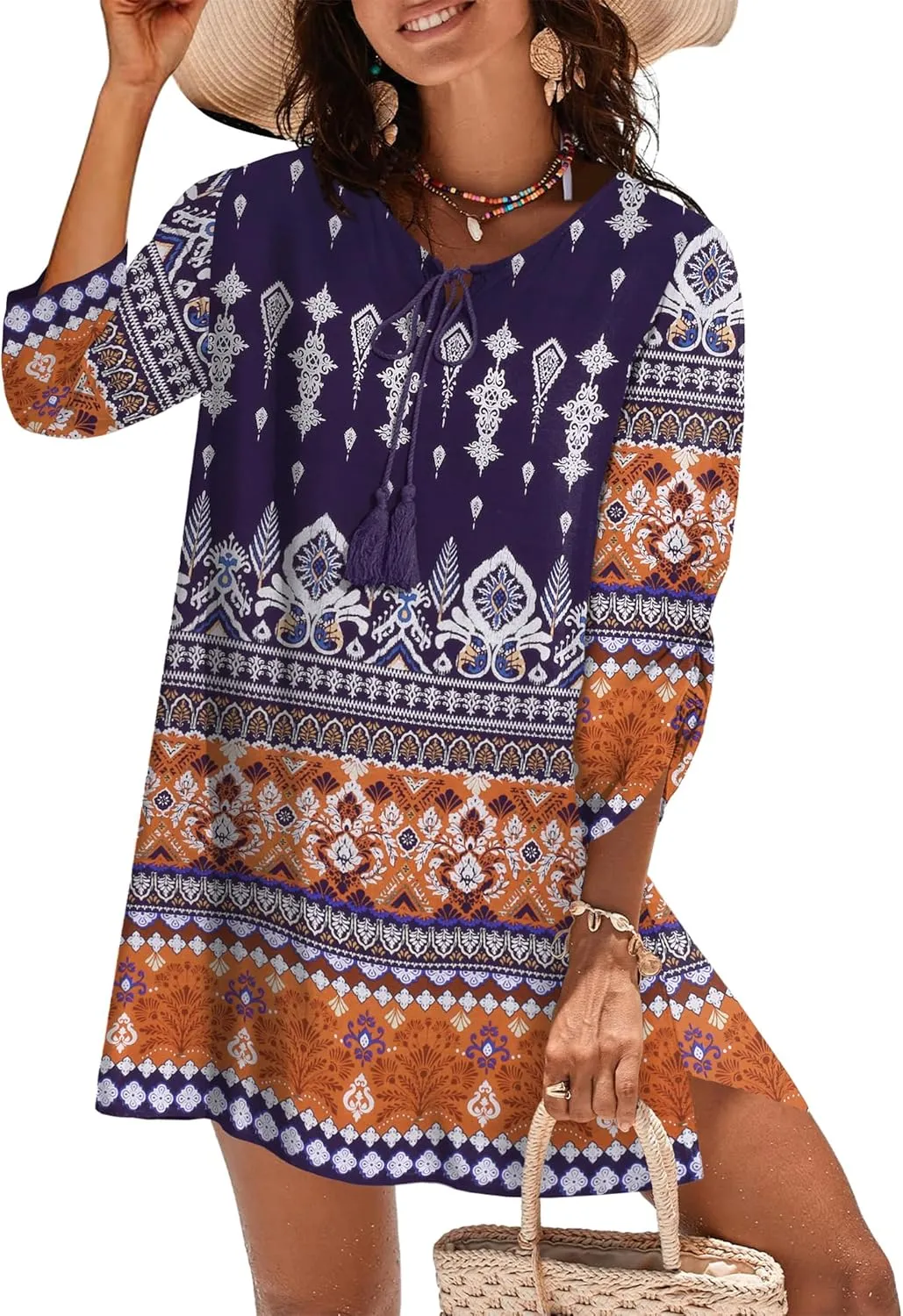 Zeagoo Womens Boho Dresses Casual Beach Summer Dress Tassel Tie Neck 3/4 Long Sleeve Mini Sundress 2025 Floral Print Cover Up