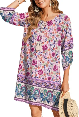 Zeagoo Womens Boho Dresses Casual Beach Summer Dress Tassel Tie Neck 3/4 Long Sleeve Mini Sundress 2025 Floral Print Cover Up