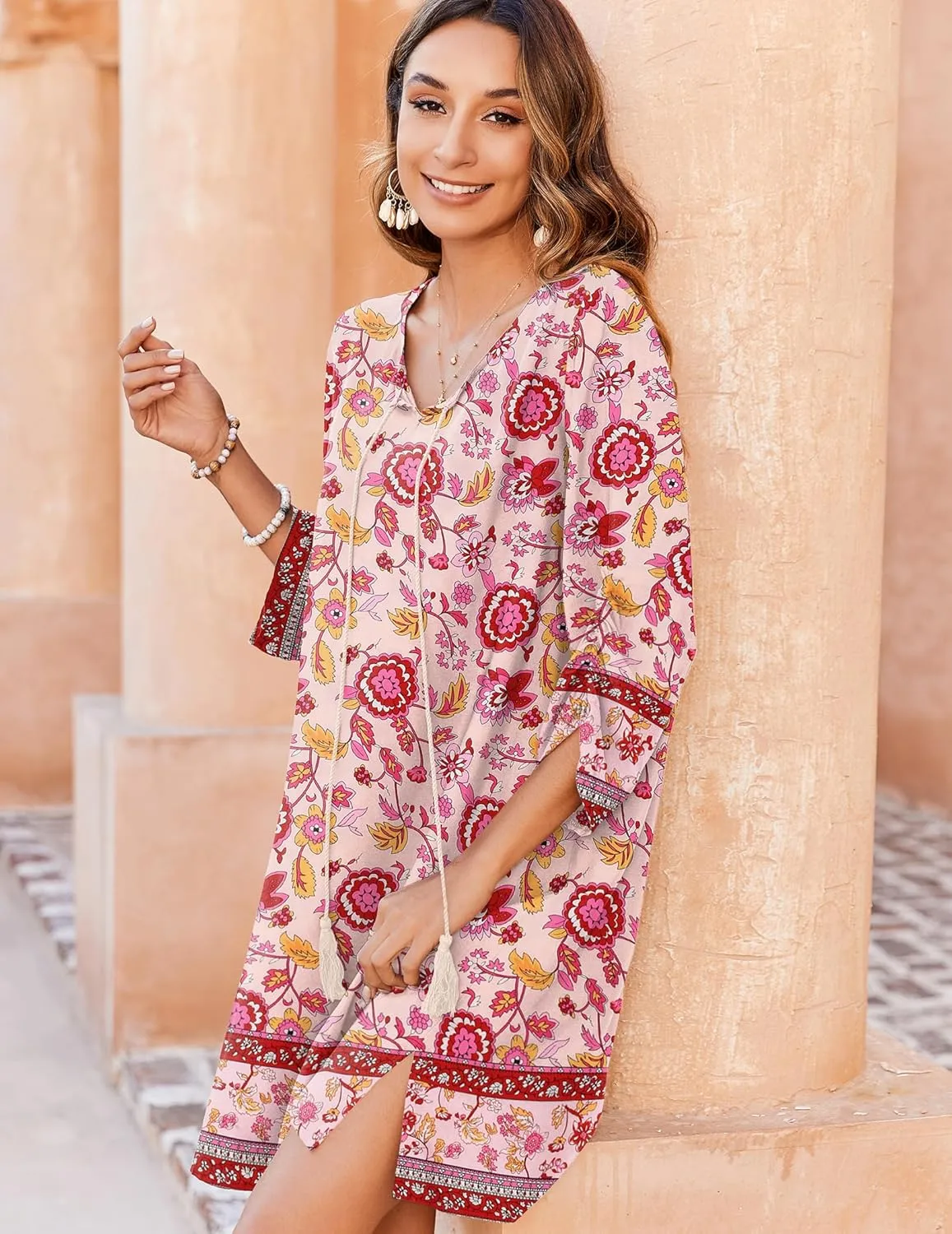 Zeagoo Womens Boho Dresses Casual Beach Summer Dress Tassel Tie Neck 3/4 Long Sleeve Mini Sundress 2025 Floral Print Cover Up