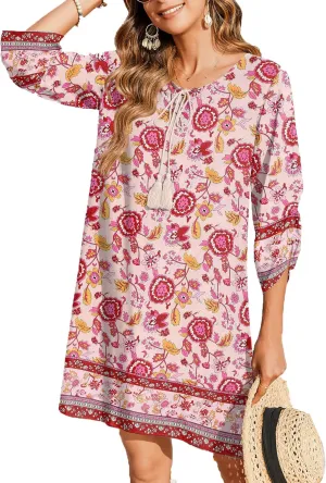 Zeagoo Womens Boho Dresses Casual Beach Summer Dress Tassel Tie Neck 3/4 Long Sleeve Mini Sundress 2025 Floral Print Cover Up
